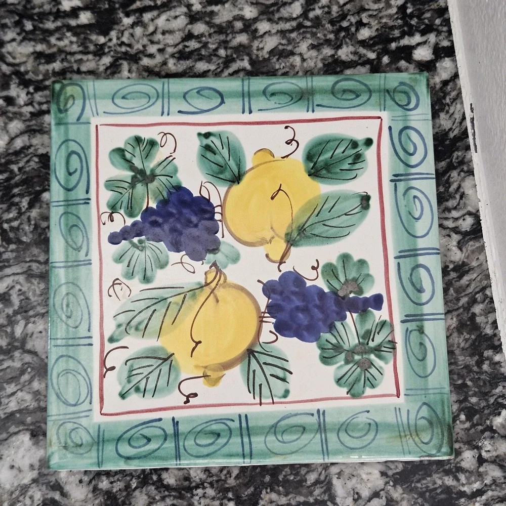 Italy ceramic tile trivet traditional Tuscan fruit lemons and grapes 8x8in